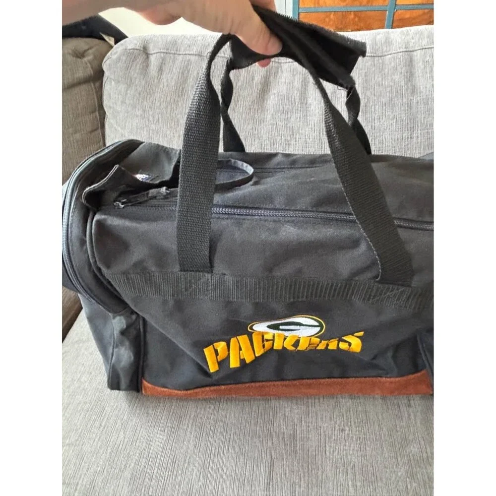 Vintage Green Bay Packers Duffel Gym Bag Black Canvas Brown Suede Bottom NFL
